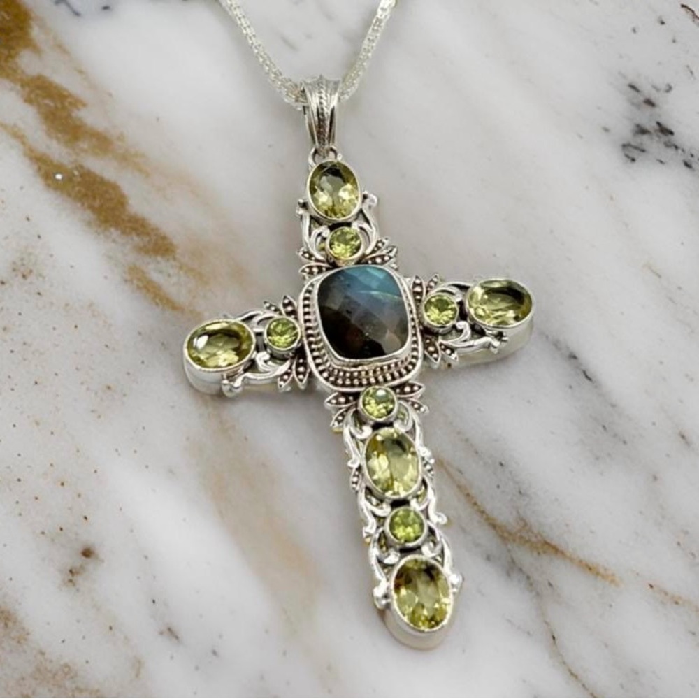 ✝️Nicky Butler Labradorite Peridot Sterling Silver 925 Pendant Cross Necklace